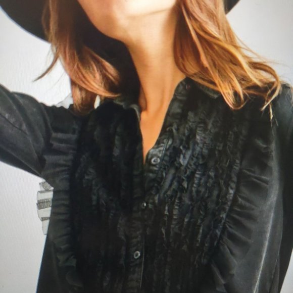 NWT Anthropologie Pilcro Tulle Buttondown Ruffle Lace Tuxedo Yolk BLACK Size XS - Picture 1 of 15